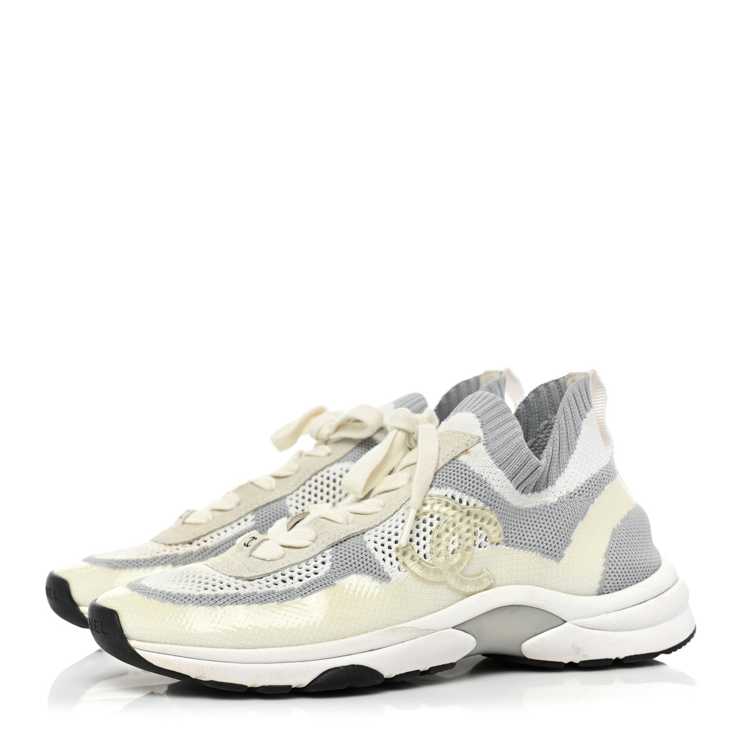 Chanel Fabric Suede Calfskin Stretch CC Sneakers 37.5 White Grey 3 of 12