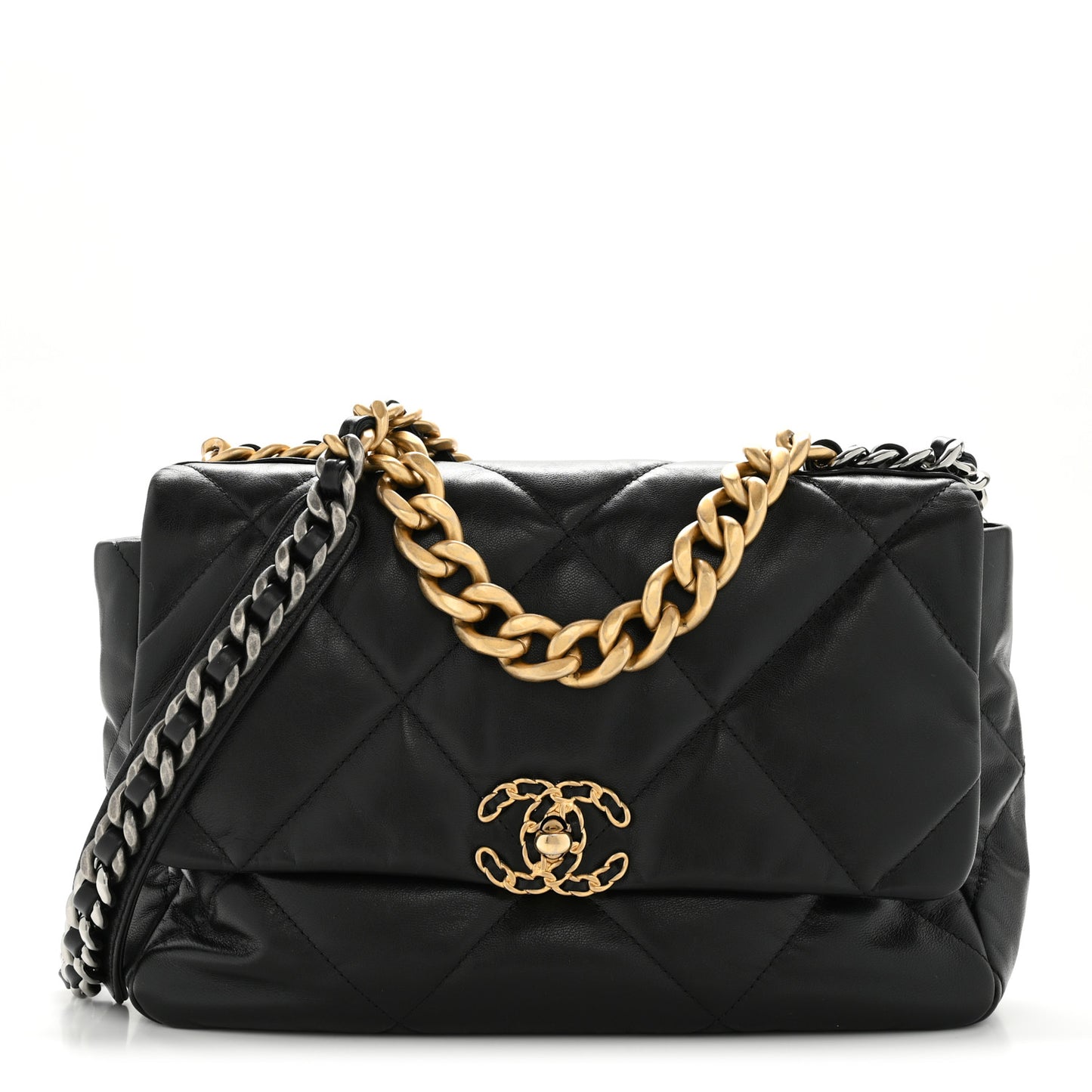 Shiny Goatskin Quilted Large Chanel 19 Flap Black