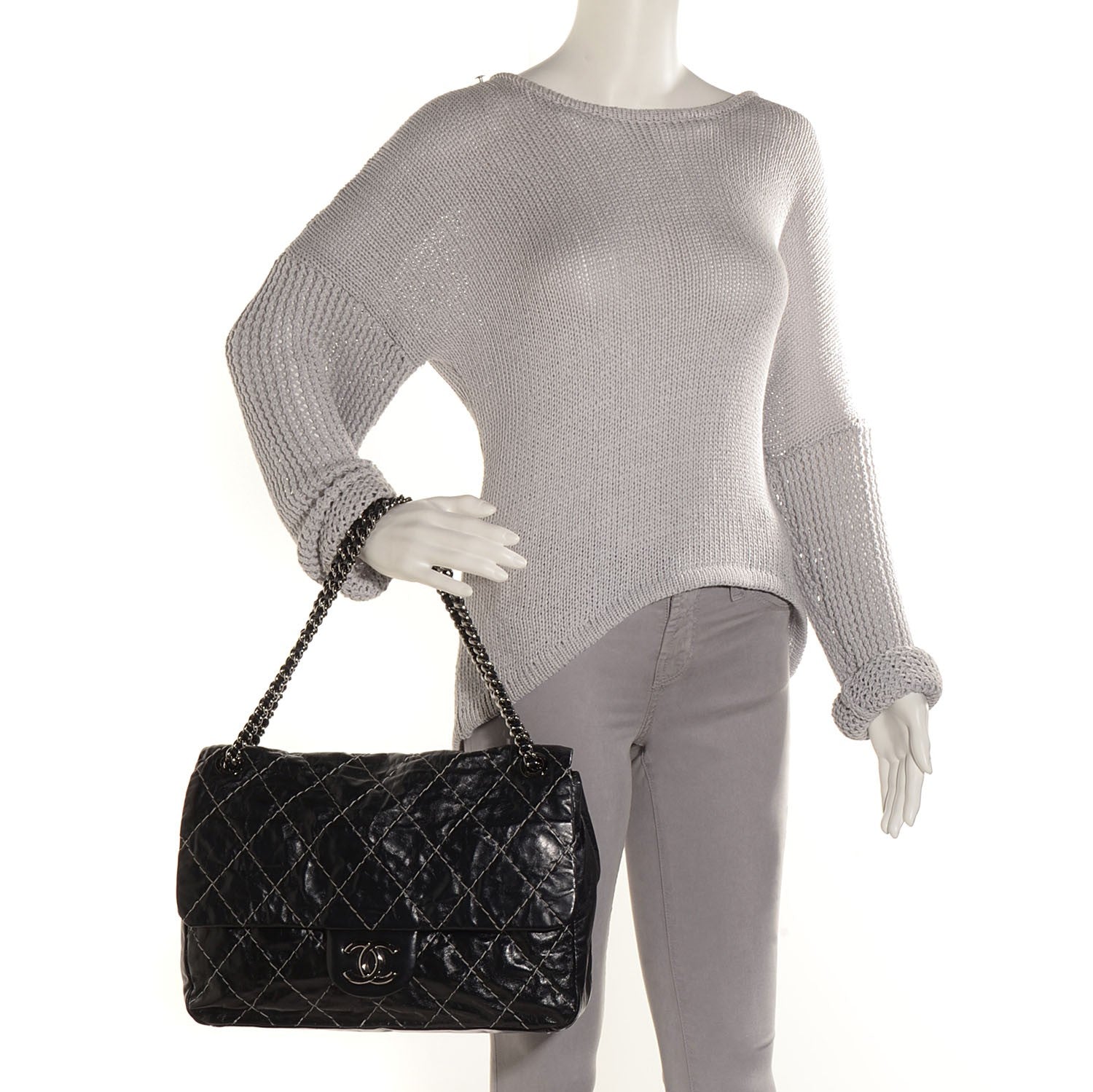 Chanel Glazed Goatskin Double Stitch Maxi Flap Black 2 of 7