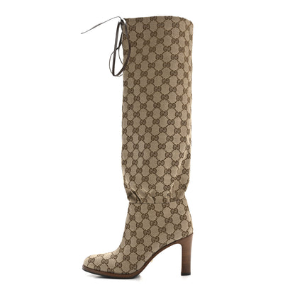 Gucci Monogram Malaga Kid Lisa Mid Heel Boots 36 Beige Ebony 1 of 9