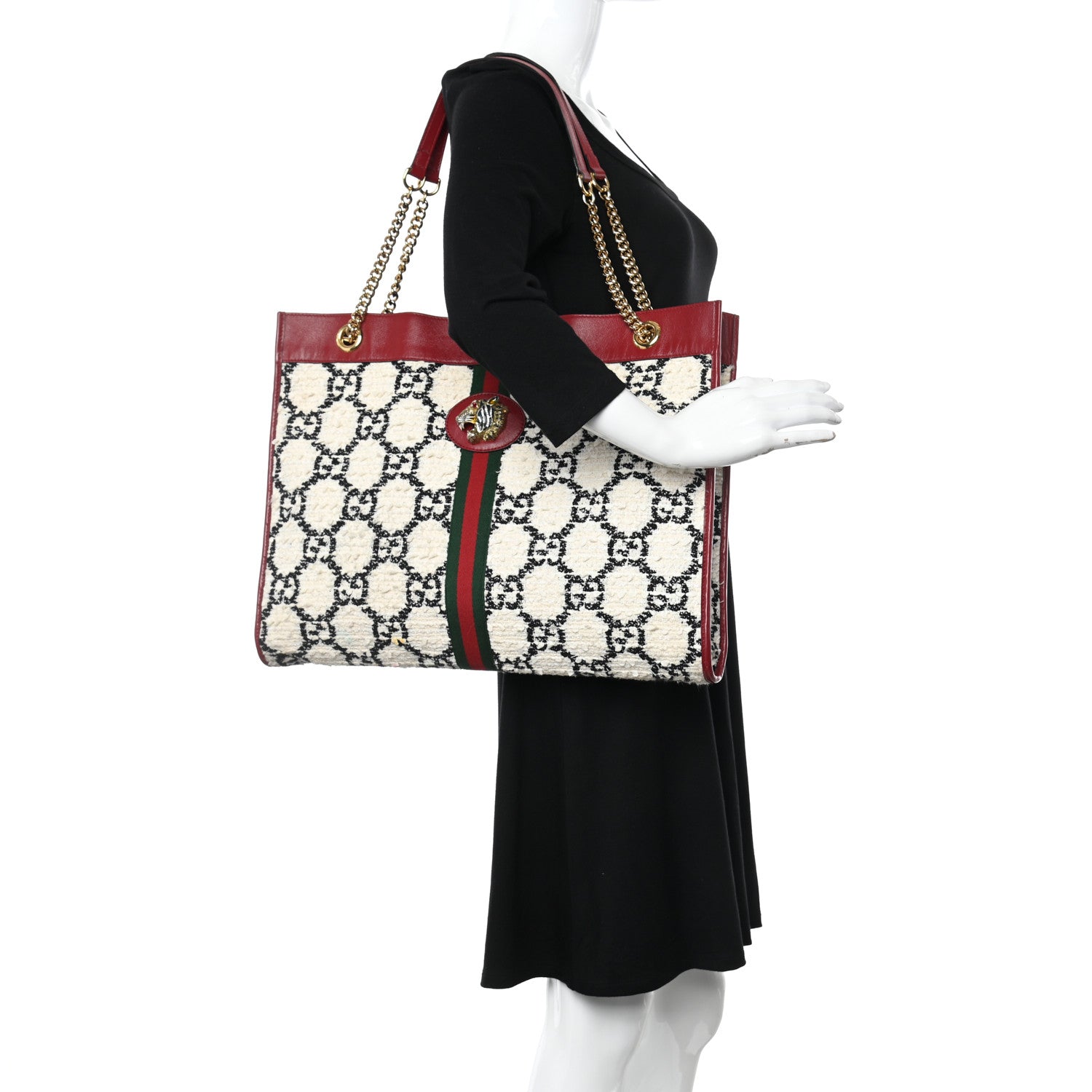 Gucci Tweed GG Monogram Large Rajah Chain Tote White Black Romantic Cherry 2 of 19