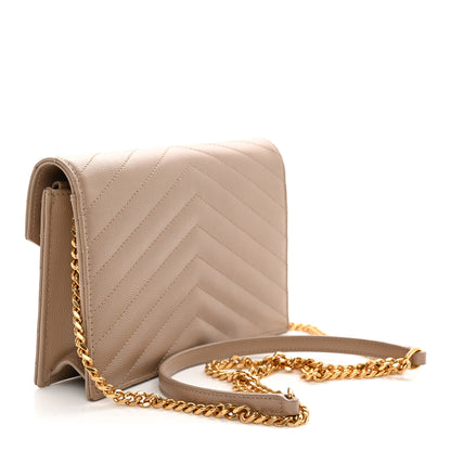 Saint Laurent Grain De Poudre Matelasse Chevron Monogram Envelope Chain Wallet Dark Beige 3 of 13
