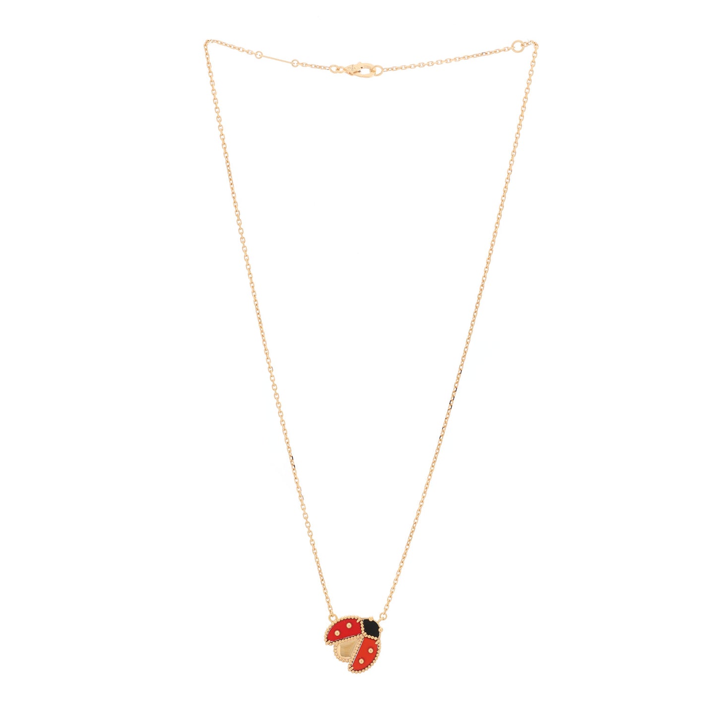 18K Rose Gold Carnelian Black Onyx Lucky Spring Open Wings Lady Bug Pendant Necklace
