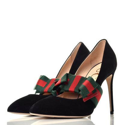 Gucci Kid Scamosciato Removable Web Bow High Heel Pumps 39.5 Black 3 of 10