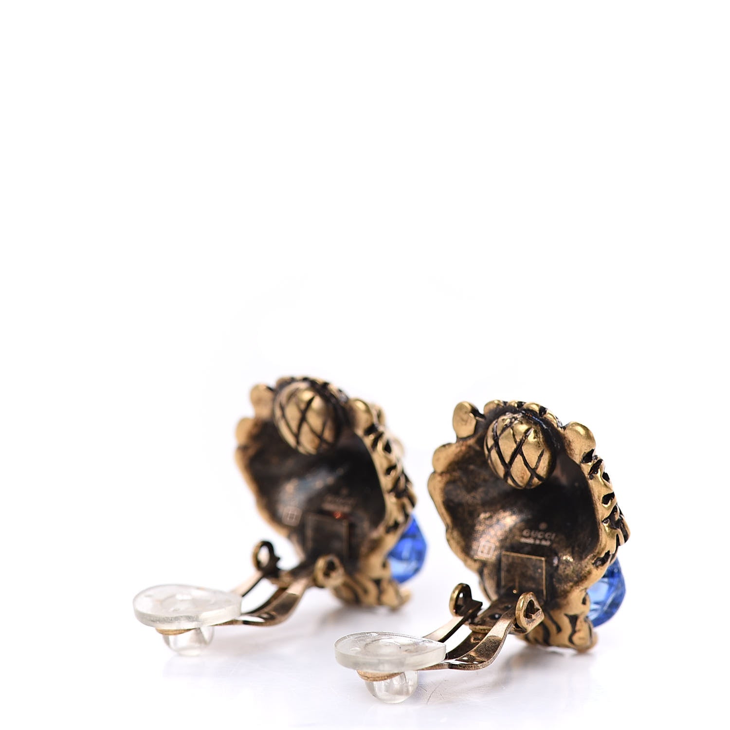 Gucci Metal Crystal Lion Clip On Earrings Aged Gold Blue 4 of 5