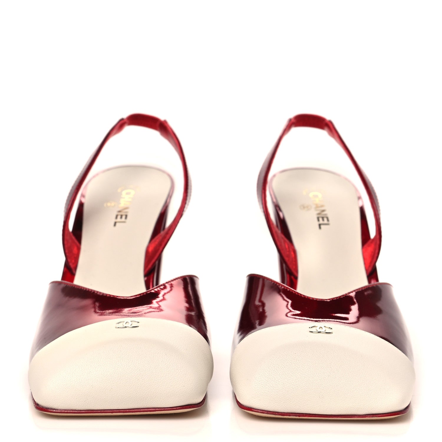 Chanel Lambskin Laminated Calfskin Cap Toe CC Slingback Pumps 40 Red Ivory 3 of 9