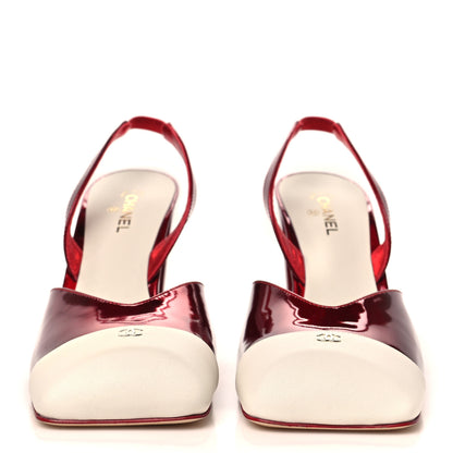 Chanel Lambskin Laminated Calfskin Cap Toe CC Slingback Pumps 40 Red Ivory 3 of 9