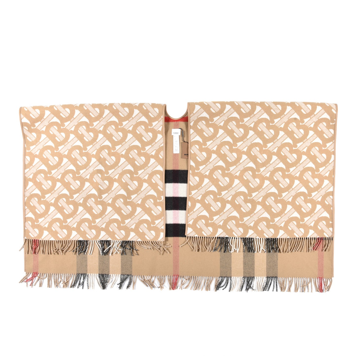 Wool Cashmere Lambskin Monogrammed TB Print Half Mega Check Cape Scarf Archive Beige