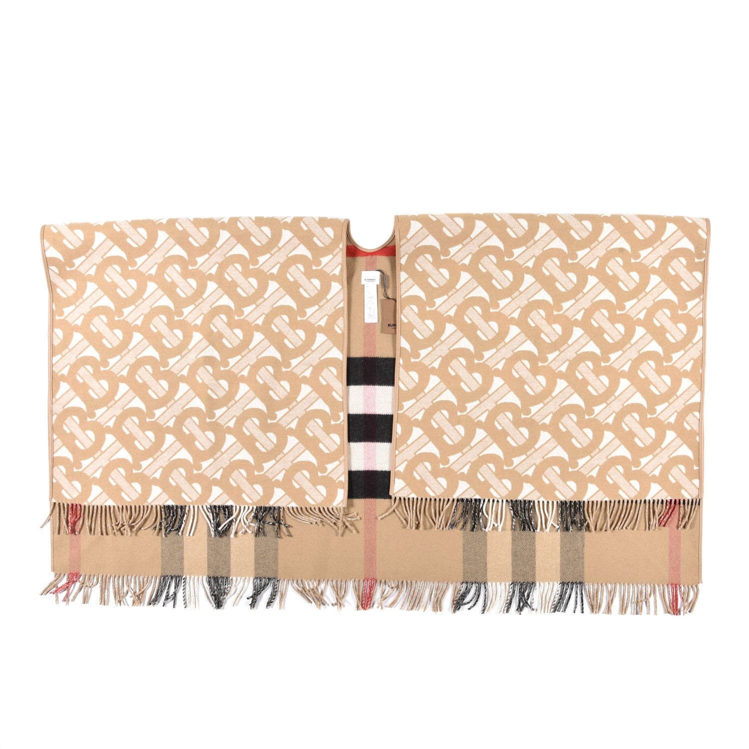 Burberry Wool Cashmere Lambskin Monogrammed TB Print Half Mega Check Cape Scarf Archive Beige 1 of 4