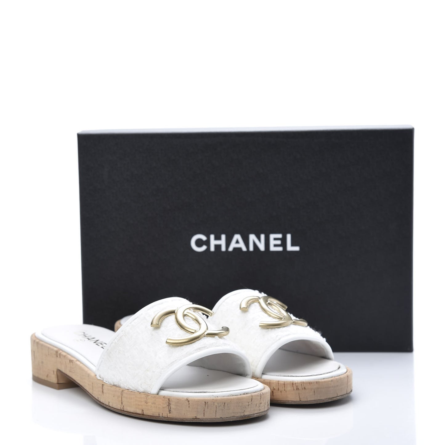 Tweed Cork CC Mule Sandal 39.5 Silk White