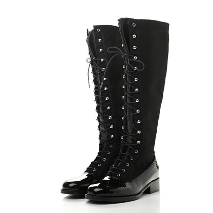 Chanel Wool Patent Cap Toe Lace Up High Boots 38 Black 3 of 11