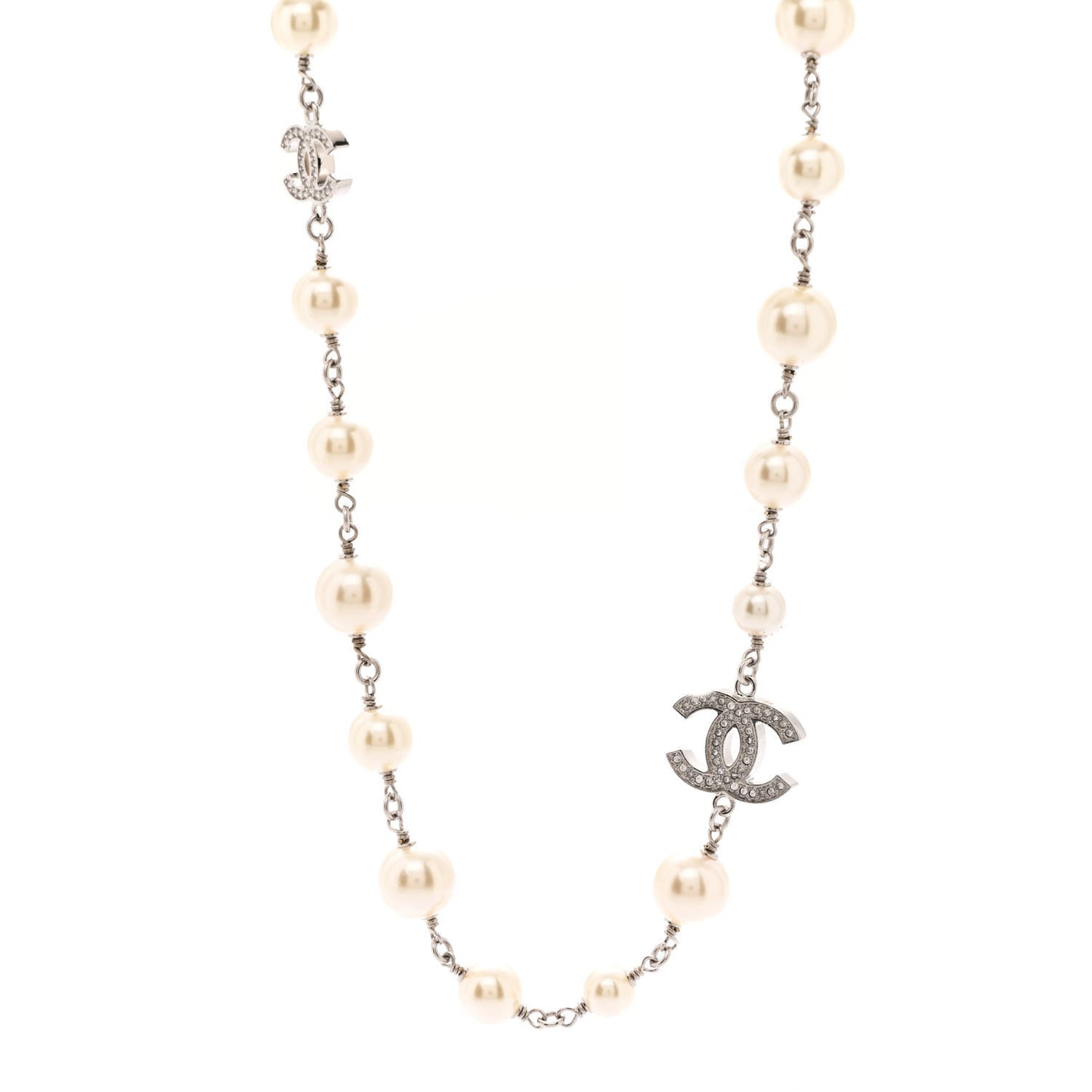 Graduated Pearl Crystal CC Long Necklace Silver