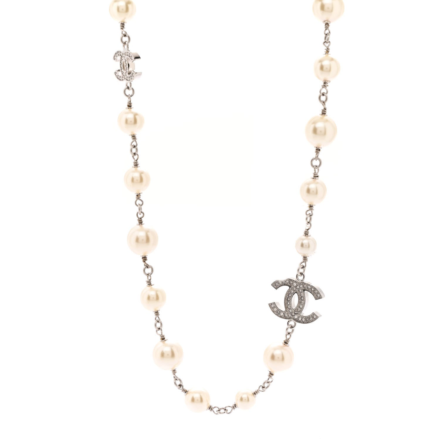 Chanel Graduated Pearl Crystal CC Long Necklace Silver 1 of 7