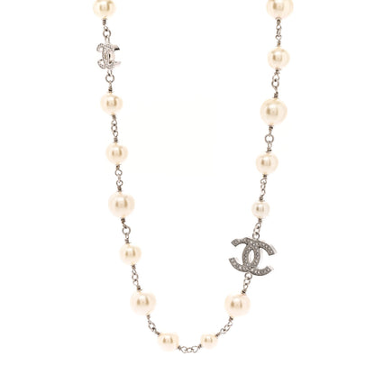 Chanel Graduated Pearl Crystal CC Long Necklace Silver 1 of 7