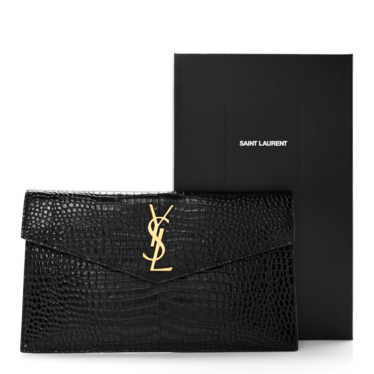 Saint Laurent Calfskin Crocodile Embossed Uptown Monogram Clutch Black 8 of 8