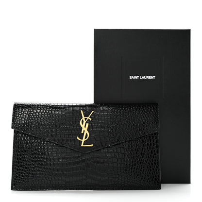Saint Laurent Calfskin Crocodile Embossed Uptown Monogram Clutch Black 8 of 8