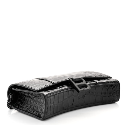 Balenciaga Shiny Calfskin Monochrome Crocodile Embossed Hourglass Chain Bag Black 4 of 9