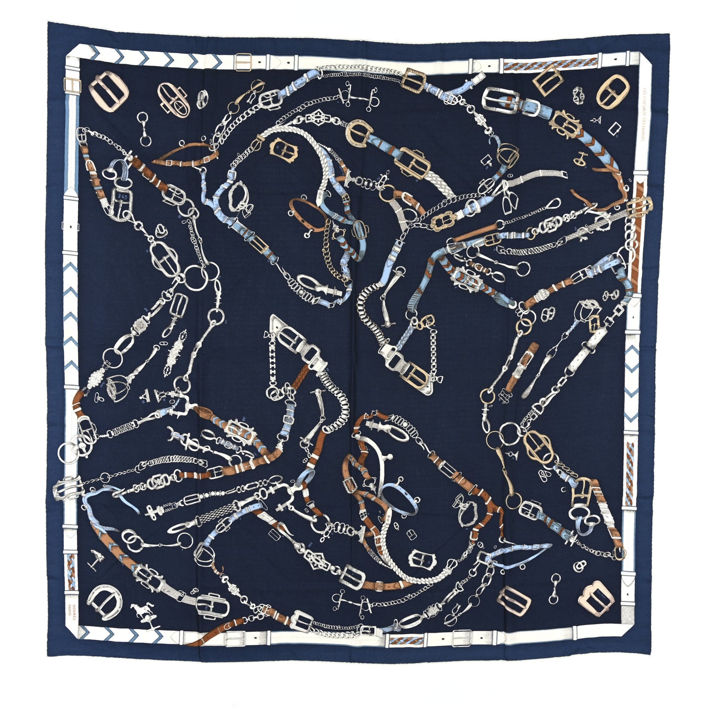 Cashmere Silk Chevaux Dechaines Shawl 140 Marine Fonce White Noisette