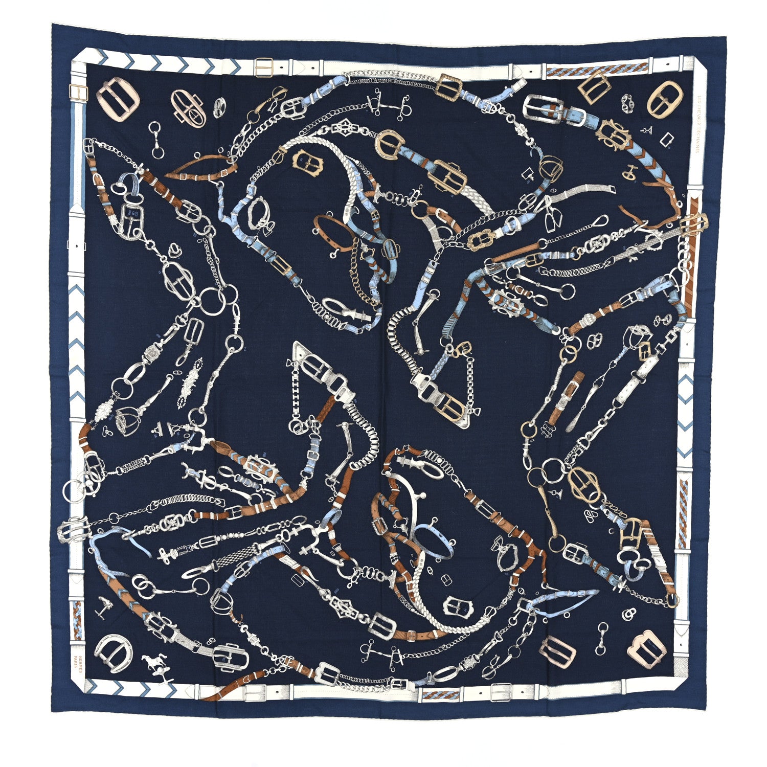 Hermes Cashmere Silk Chevaux Dechaines Shawl 140 Marine Fonce White Noisette 1 of 4