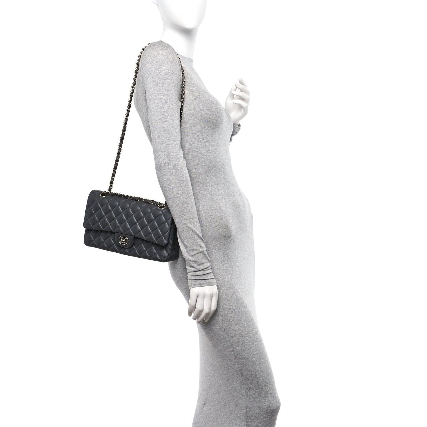 Lambskin Quilted Medium Double Flap Dark Grey