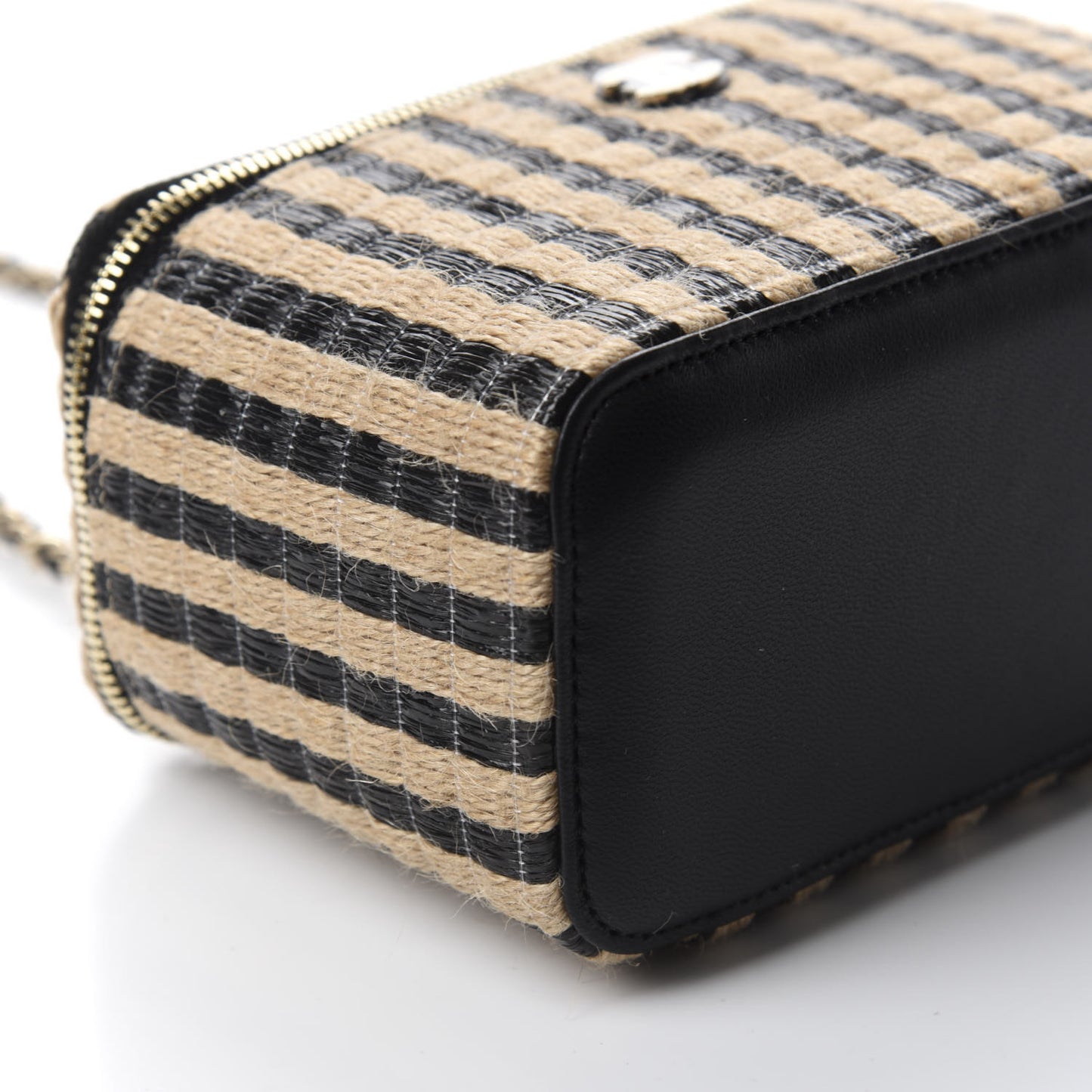 Raffia Jute Striped Small Vanity Case With Chain Black Beige