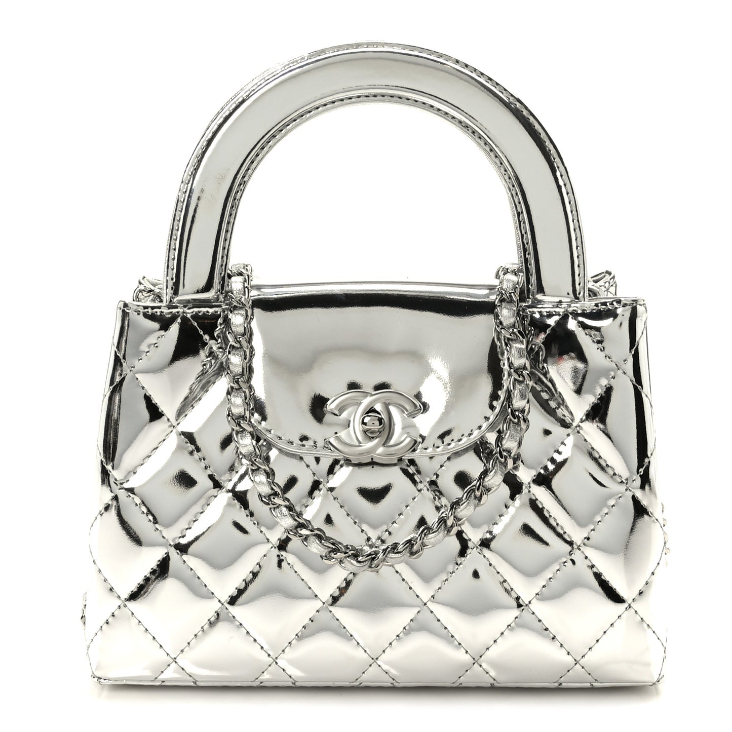 Mirror Calfskin Metallic Calfskin Quilted Nano Kelly Shopper Silvery
