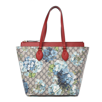 Gucci GG Supreme Monogram Blooms Medium Zippered Bucket Tote Beige Blue Navy Hibiscus Red 1 of 7