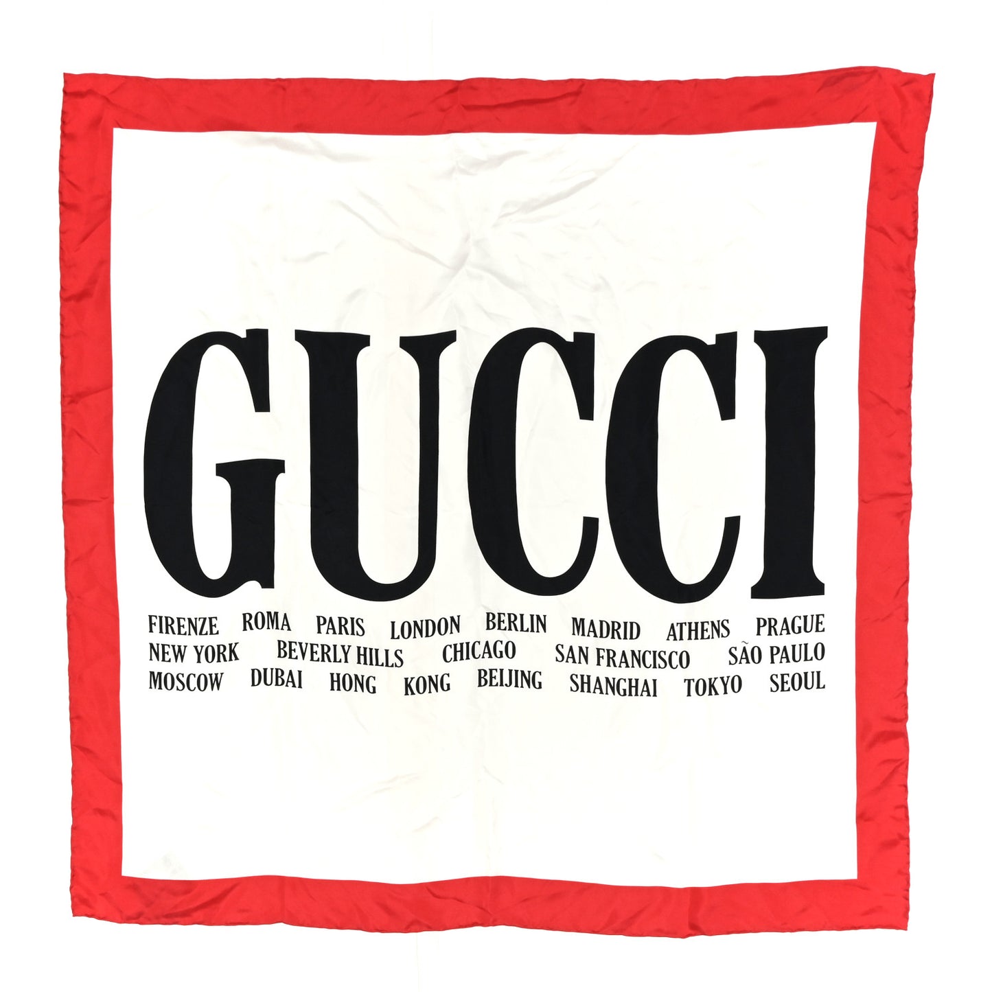 Silk Twill Gucci Logo Cities Square Scarf Ivory Red Black