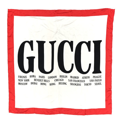 Gucci Silk Twill Gucci Logo Cities Square Scarf Ivory Red Black 1 of 4
