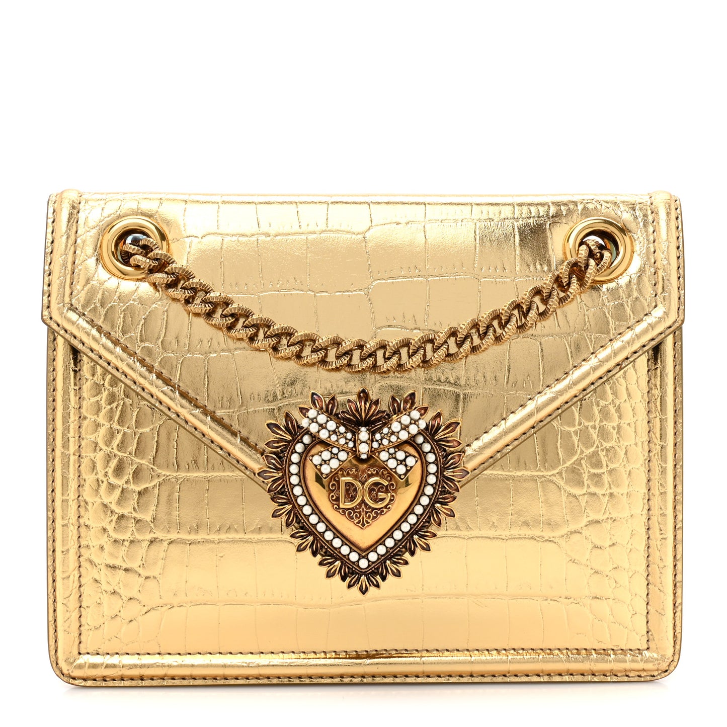 Metallic Calfskin Crocodile Embossed Mini Devotion Envelope Bag Gold