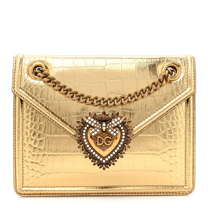 Dolce & Gabbana Metallic Calfskin Crocodile Embossed Mini Devotion Envelope Bag Gold 1 of 11