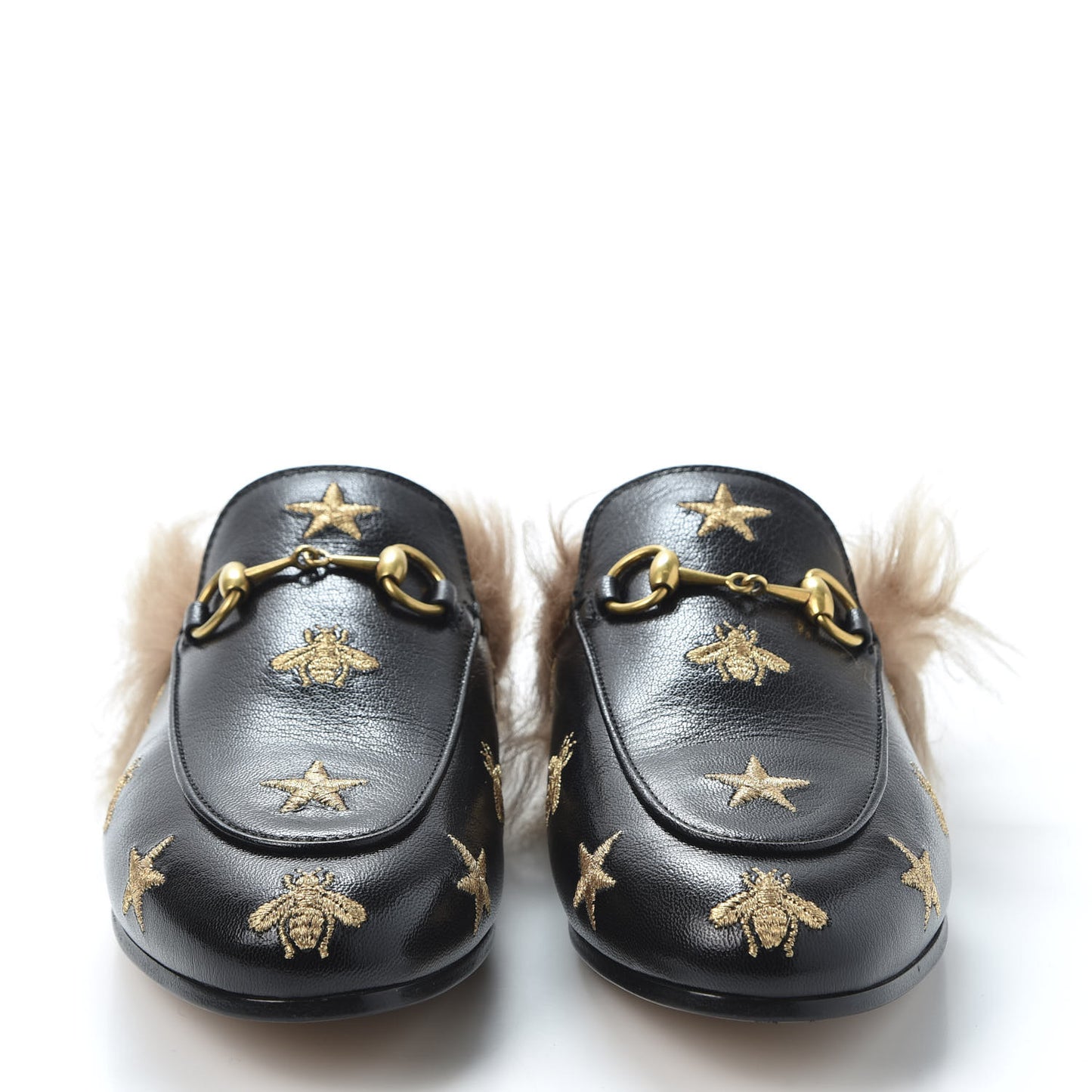Goatskin Fur Bee Star Embroidered Womens Princetown Slippers 36.5 Black