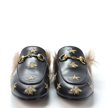 Gucci Goatskin Fur Bee Star Embroidered Womens Princetown Slippers 36.5 Black 2 of 9