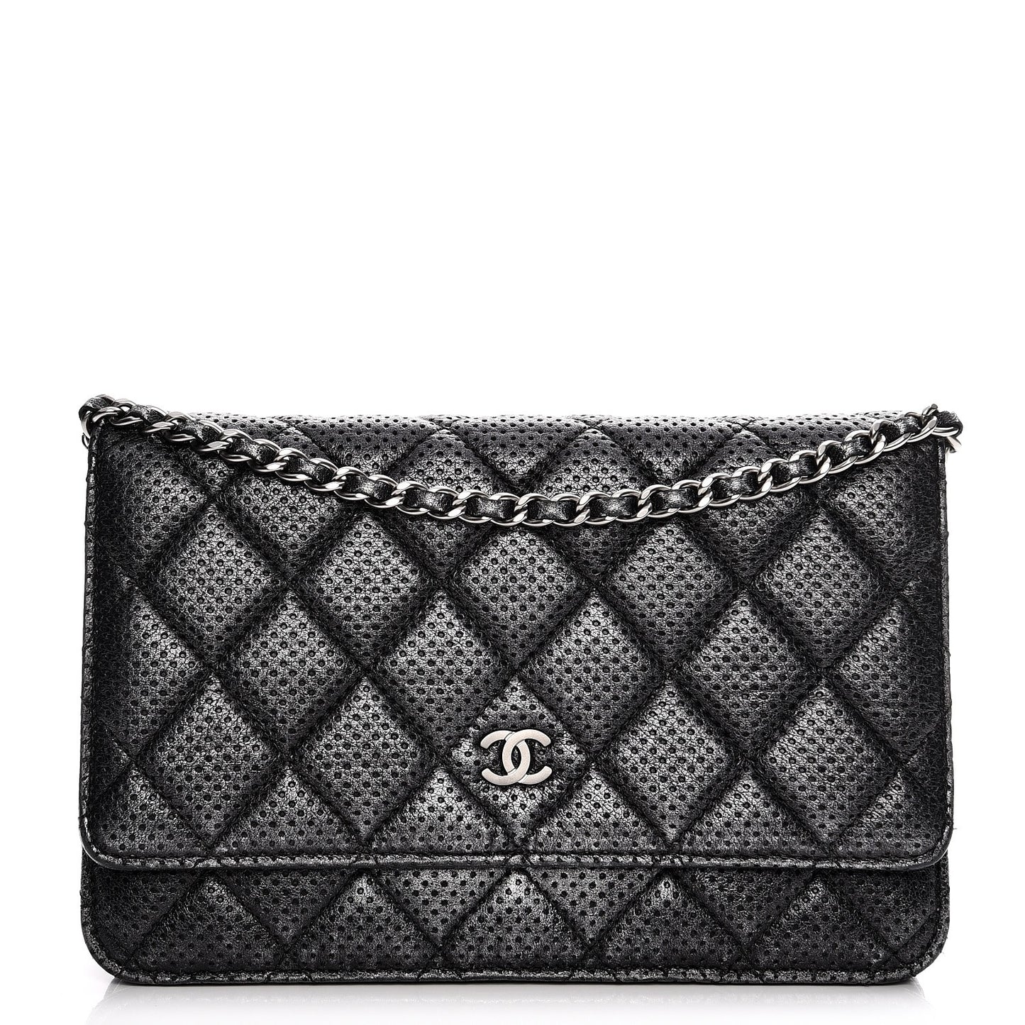 Metallic Perforated Lambskin Quilted Wallet On Chain WOC Black