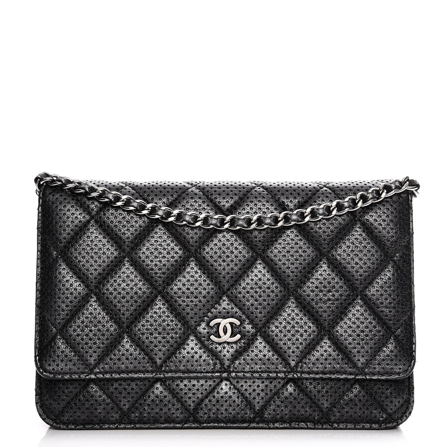 Chanel Metallic Perforated Lambskin Quilted Wallet On Chain WOC Black 1 of 10