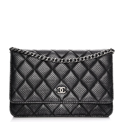 Chanel Metallic Perforated Lambskin Quilted Wallet On Chain WOC Black 1 of 10