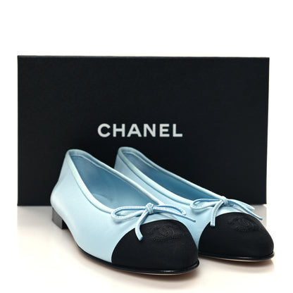 Chanel Lambskin Grosgrain Cap Toe CC Ballerina Flats 37.5 Light Blue Black 9 of 9