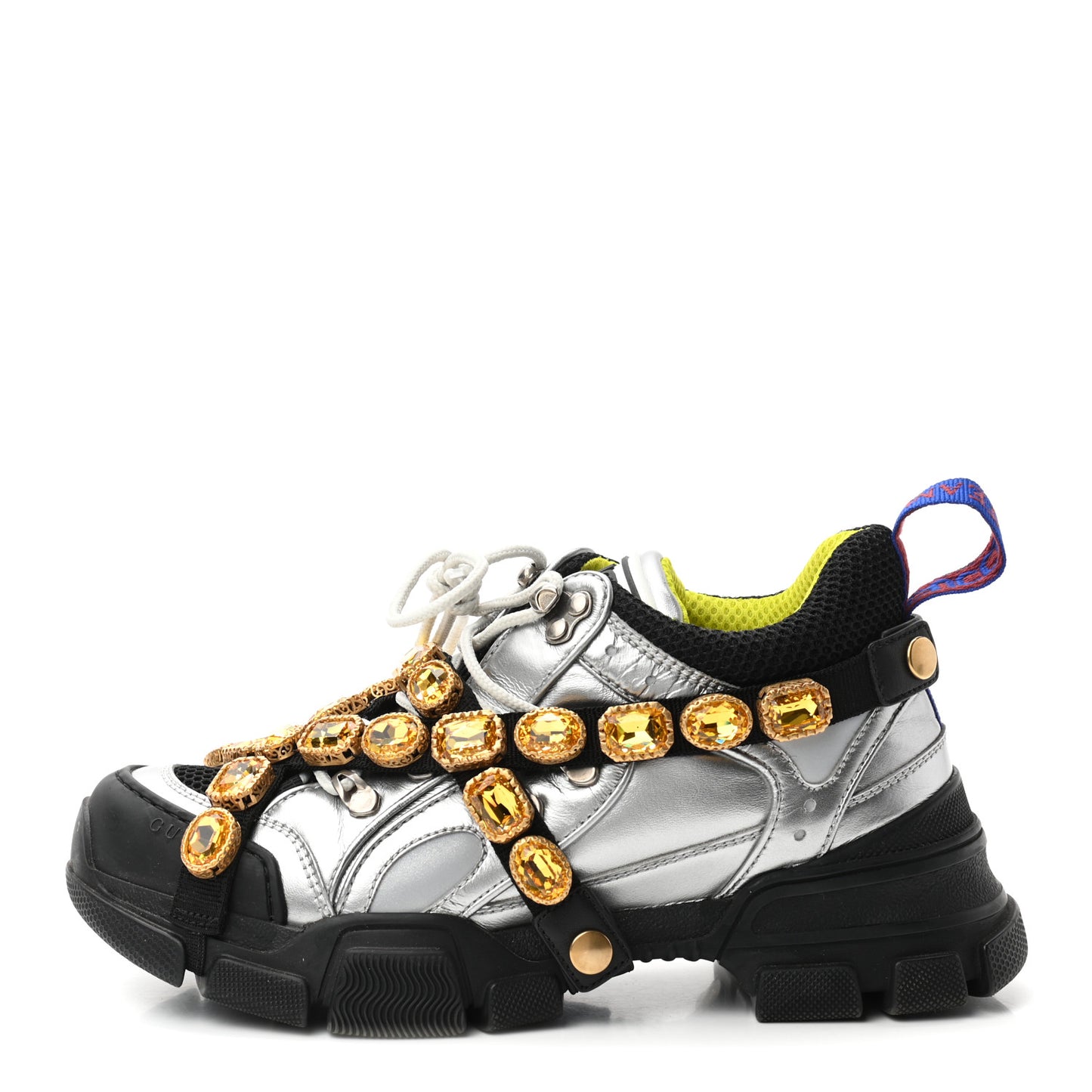 X SEGA Metallic Calfskin Mesh Removable Crystals Womens Flashtrek Sneakers 38 Silver Black