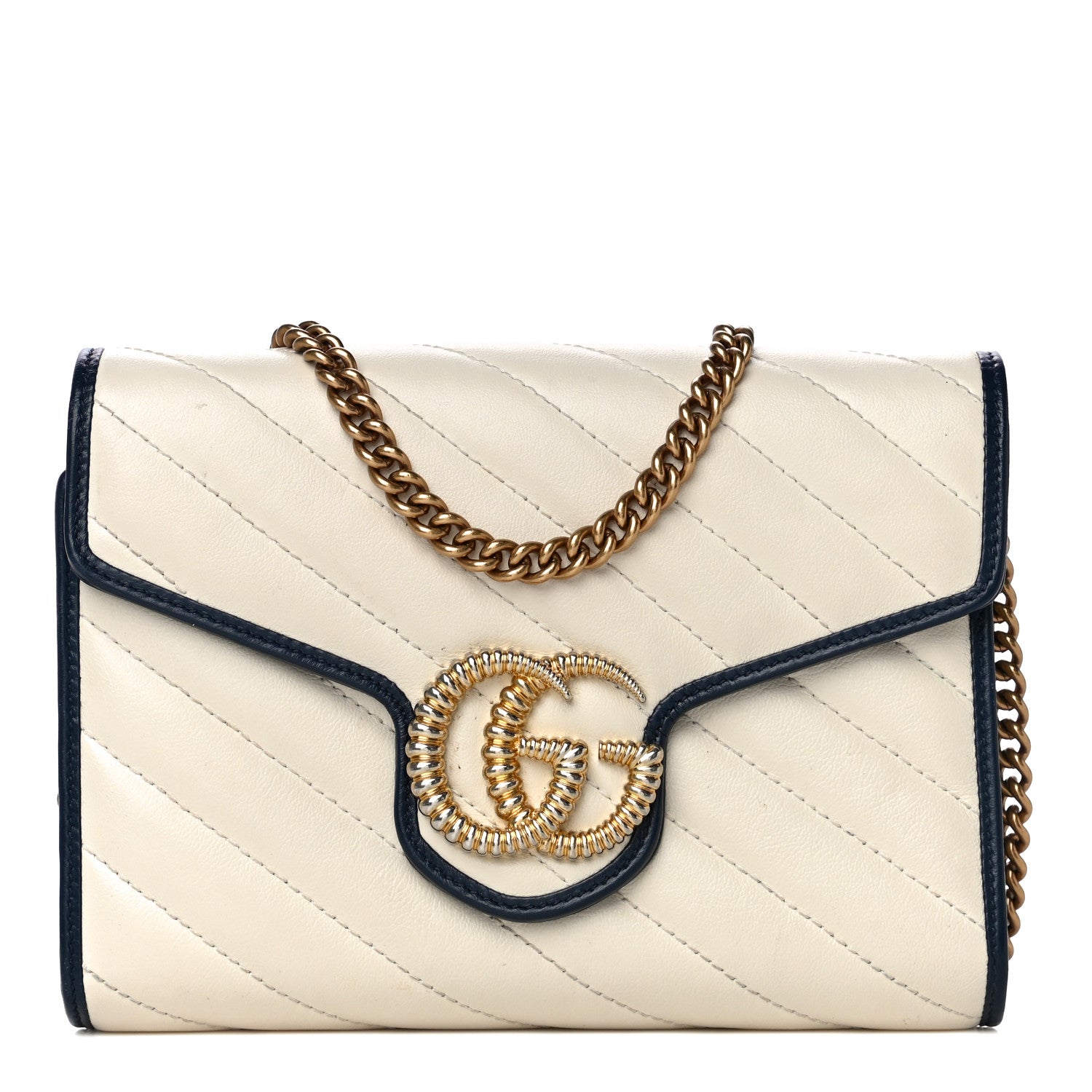 Gucci Vintage Effect Calfskin Matelasse Diagonal Torchon GG Marmont Chain Wallet Mystic White Blue Agata 1 of 21