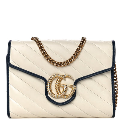 Gucci Vintage Effect Calfskin Matelasse Diagonal Torchon GG Marmont Chain Wallet Mystic White Blue Agata 1 of 21