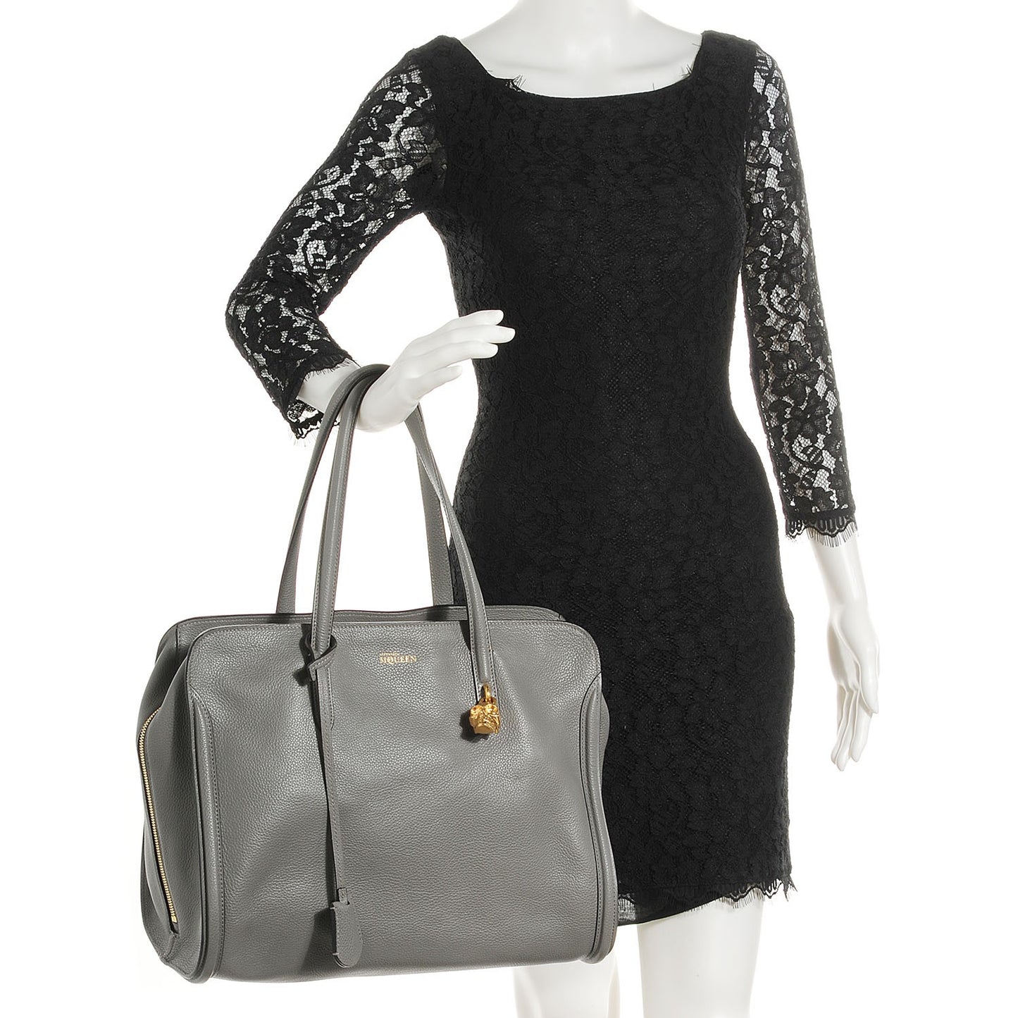 Pebbled Calfskin Skull Padlock Zip Around Tote Grey