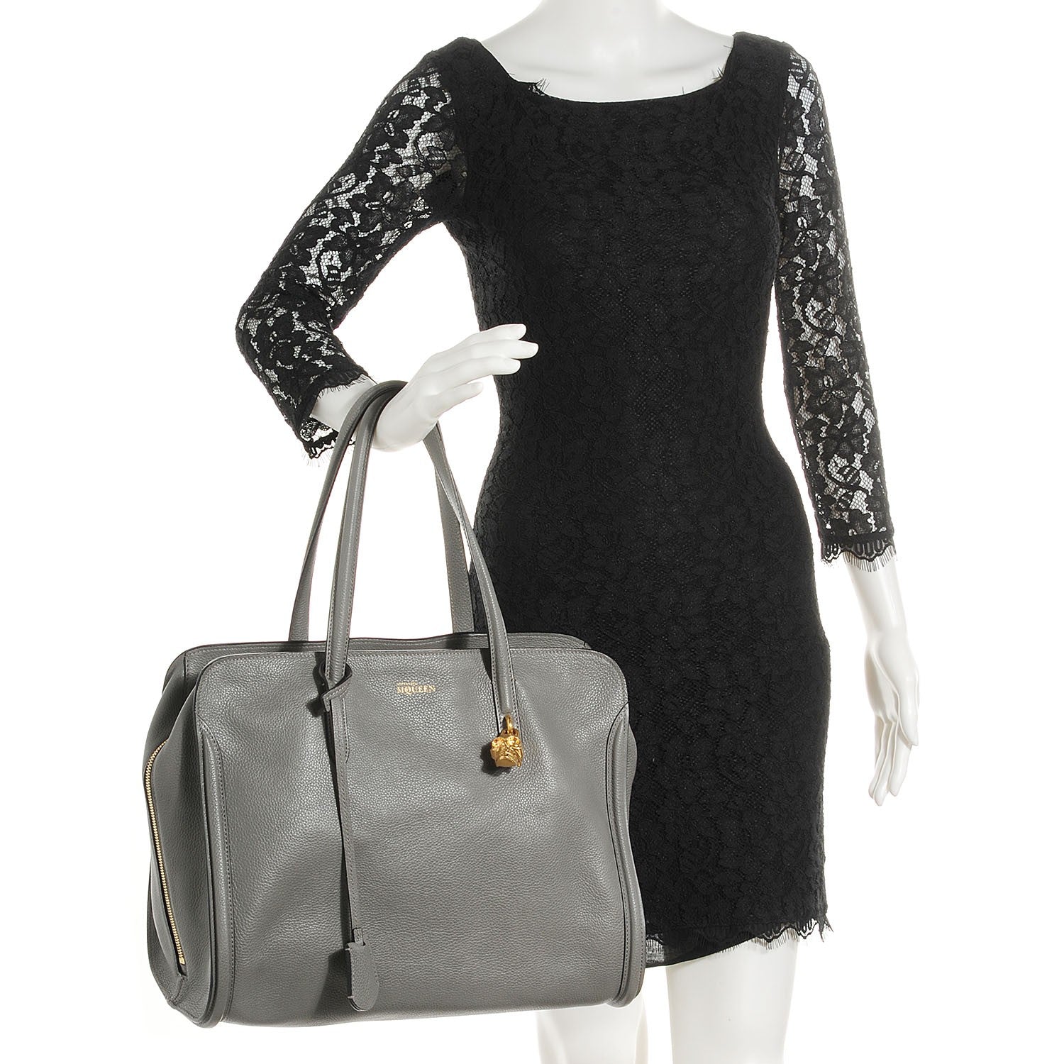 Alexander McQueen Pebbled Calfskin Skull Padlock Zip Around Tote Grey 2 of 9