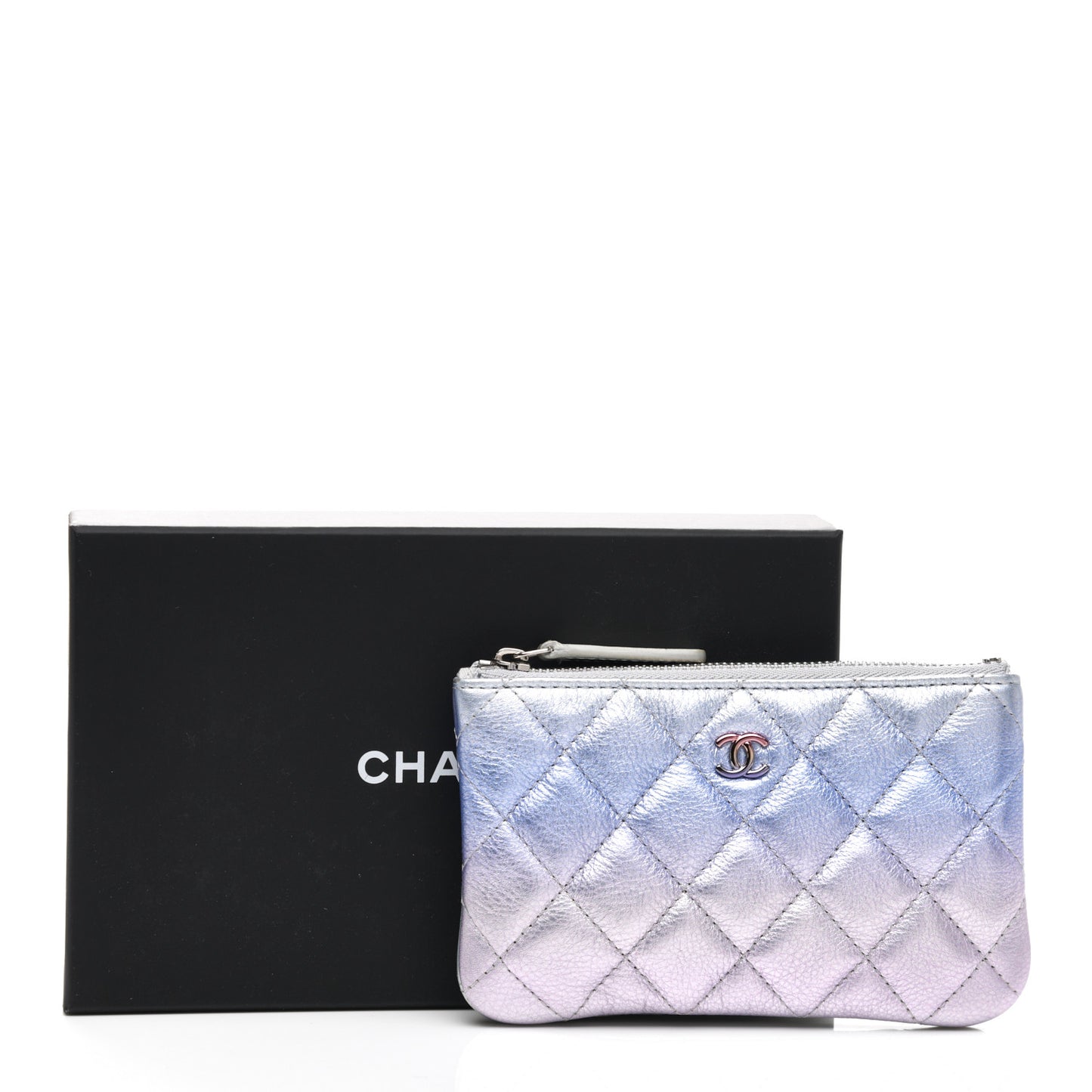Gradient Metallic Calfskin Quilted Small Cosmetic Pouch Silver Blue Yellow Purple