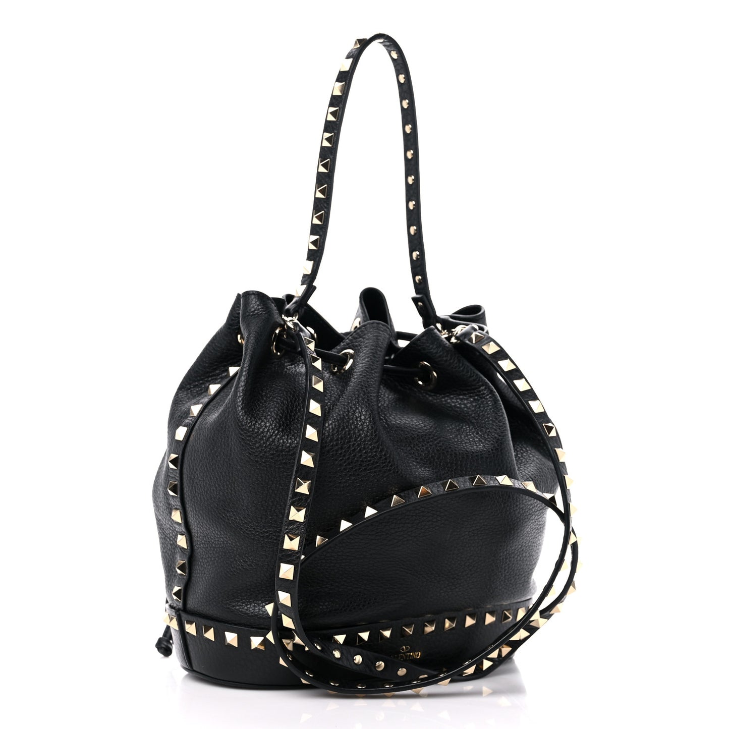 Pebbled Calfskin Small Rockstud Bucket Bag Black