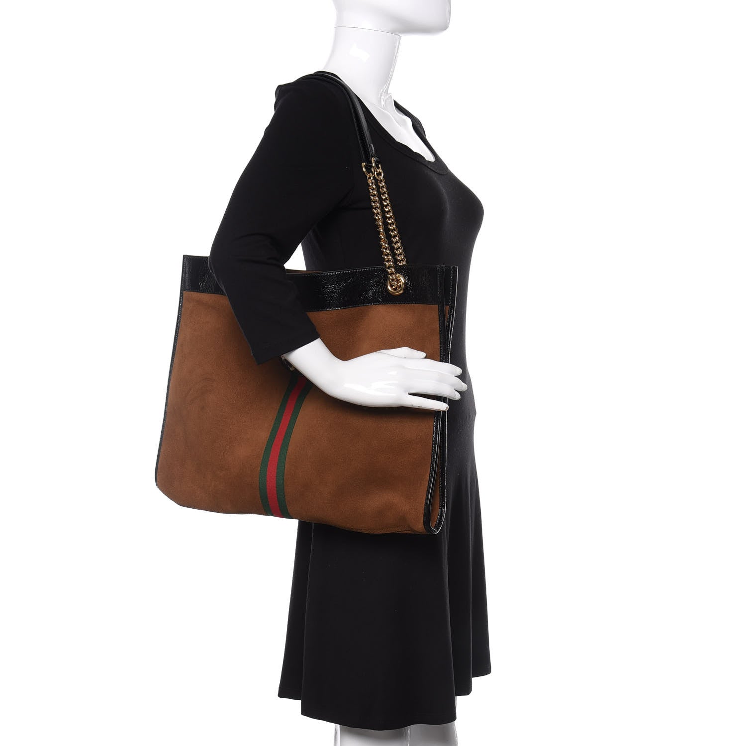 Gucci Suede Patent Large Rajah Chain Tote Nocciola Black 2 of 10