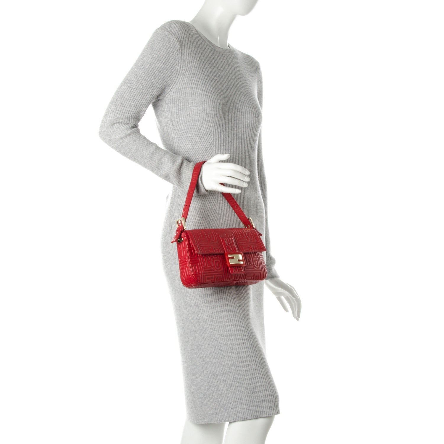 Fendi Nappa Logo Embossed Baguette Red 2 of 7