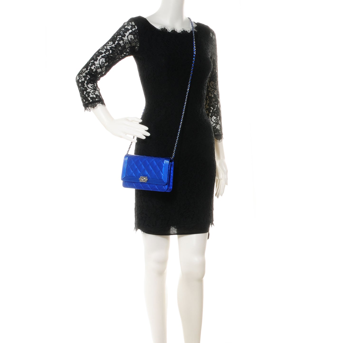 Metallic Patent Quilted Boy Wallet On Chain WOC Blue