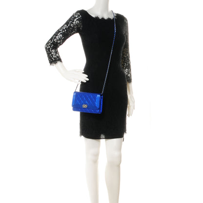 Chanel Metallic Patent Quilted Boy Wallet On Chain WOC Blue 2 of 9
