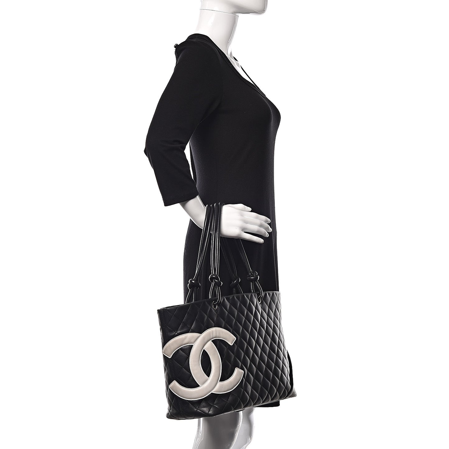 Calfskin Quilted Large Cambon Tote Black White