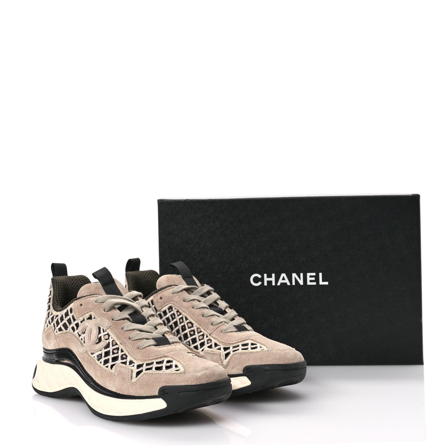 Suede Calfskin Embroidered CC Sneakers 41 Beige Black